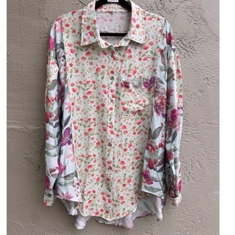 POL Womens Floral Mixed Print Button Down Shirt Cottagecore Shabby Chic Whimsy